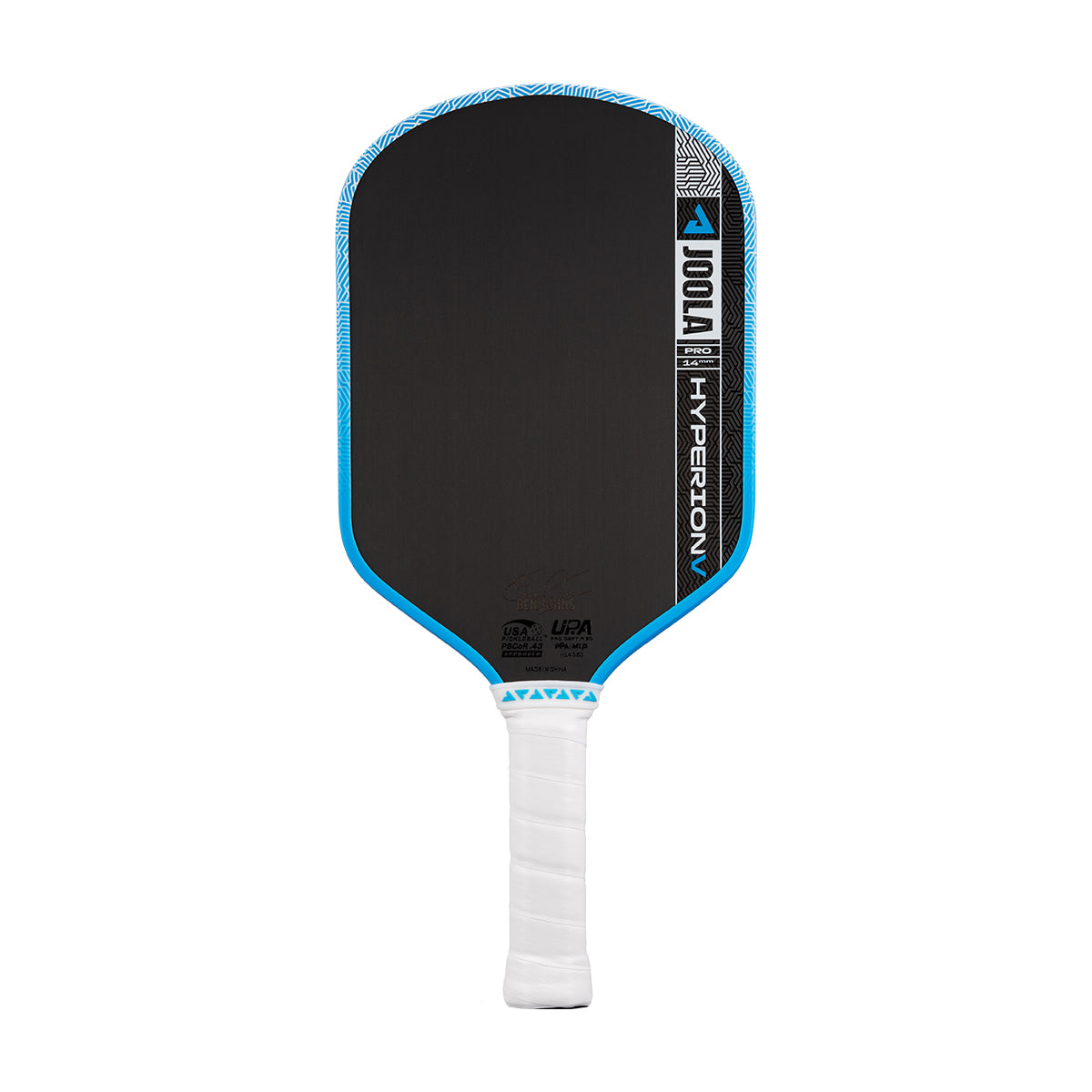 White background, image of the JOOLA Hyperion Pro V pickleball paddle, white handle, blue and white edge guard and black surface.