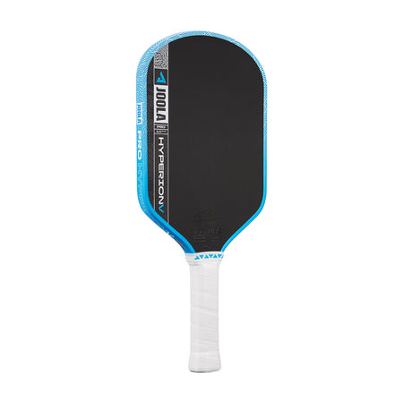 White background, image of the JOOLA Hyperion Pro V pickleball paddle, white handle, blue and white edge guard and black surface.