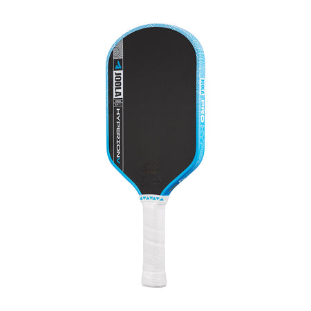White background, image of the JOOLA Hyperion Pro V pickleball paddle, white handle, blue and white edge guard and black surface.