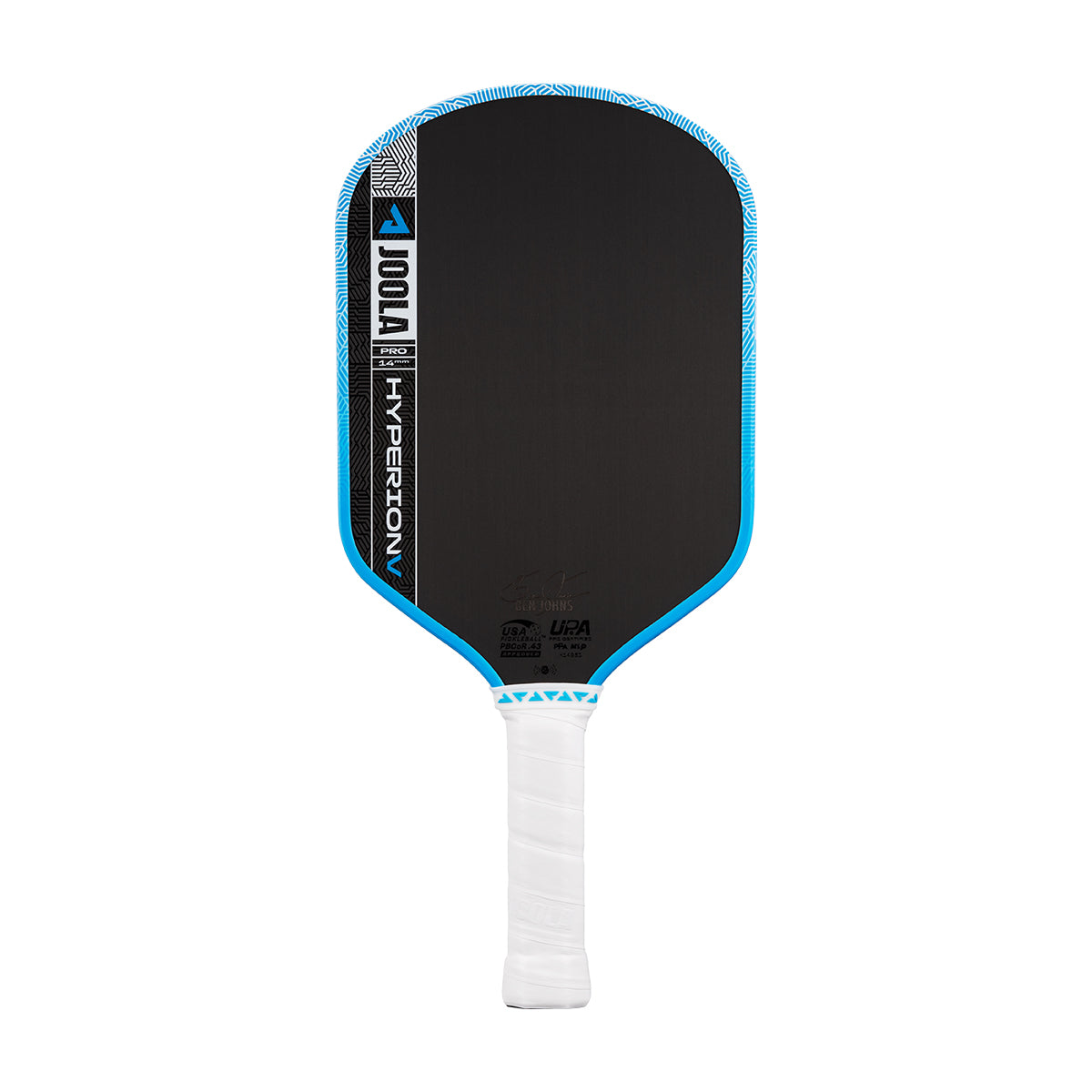White background, product image showing the JOOLA Hyperion Pro V pickleball paddle with a white handle and blue edge guard.