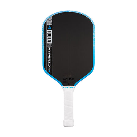 White background, product image showing the JOOLA Hyperion Pro V pickleball paddle with a white handle and blue edge guard.