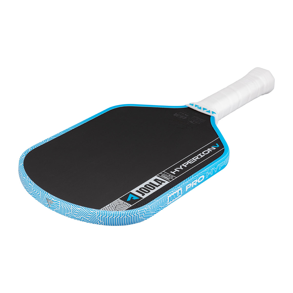 White background, image of the JOOLA Hyperion Pro V pickleball paddle, white handle, blue and white edge guard and black surface.