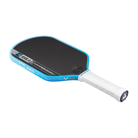 White background, image of the JOOLA Hyperion Pro V pickleball paddle, white handle, blue and white edge guard and black surface.