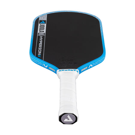 White background, image of the JOOLA Hyperion Pro V pickleball paddle, white handle, blue and white edge guard and black surface.