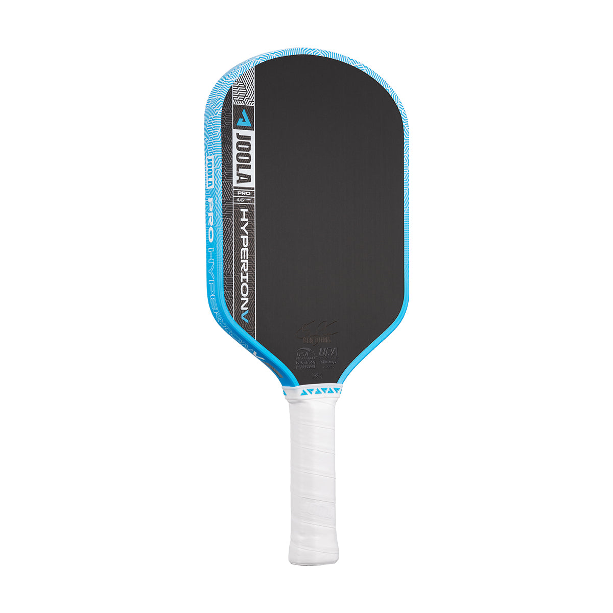 White background, image of the JOOLA Hyperion Pro V pickleball paddle, white handle, blue and white edge guard and black surface.