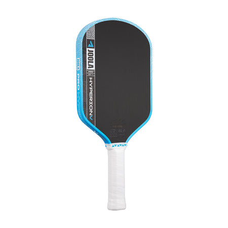 White background, image of the JOOLA Hyperion Pro V pickleball paddle, white handle, blue and white edge guard and black surface.