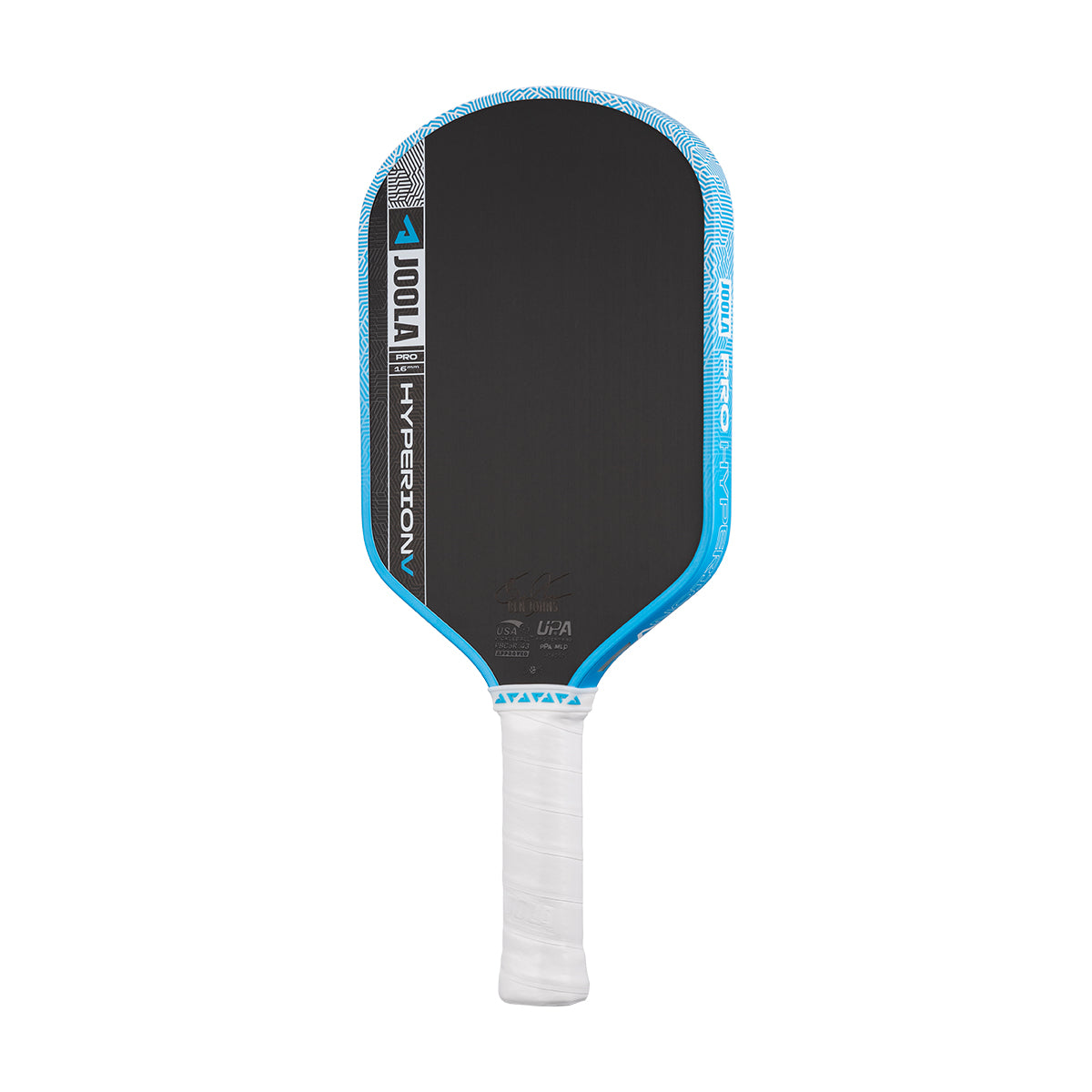 White background, image of the JOOLA Hyperion Pro V pickleball paddle, white handle, blue and white edge guard and black surface.