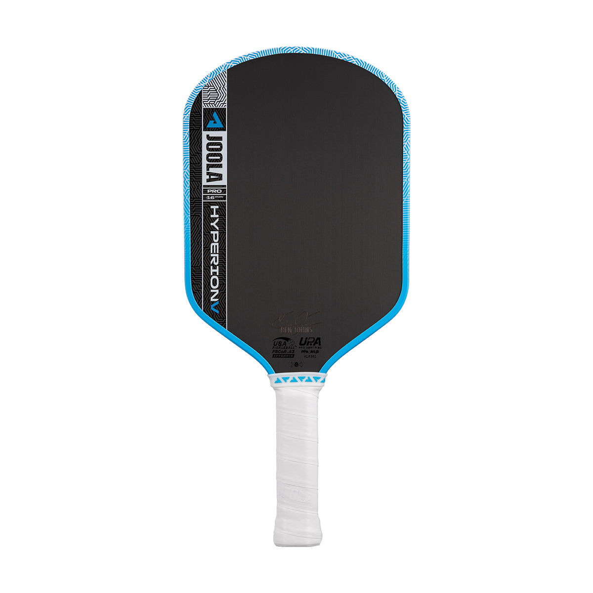 White background, image of the JOOLA Hyperion Pro V pickleball paddle, white handle, blue and white edge guard and black surface.