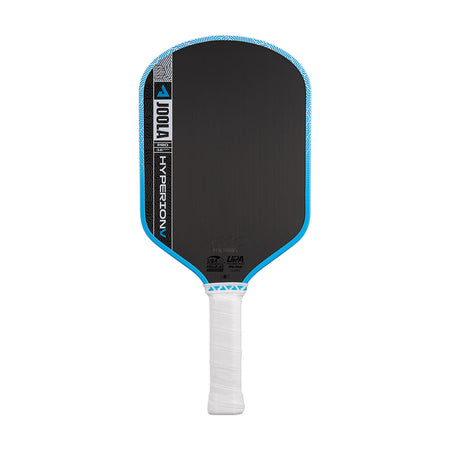 White background, image of the JOOLA Hyperion Pro V pickleball paddle, white handle, blue and white edge guard and black surface.