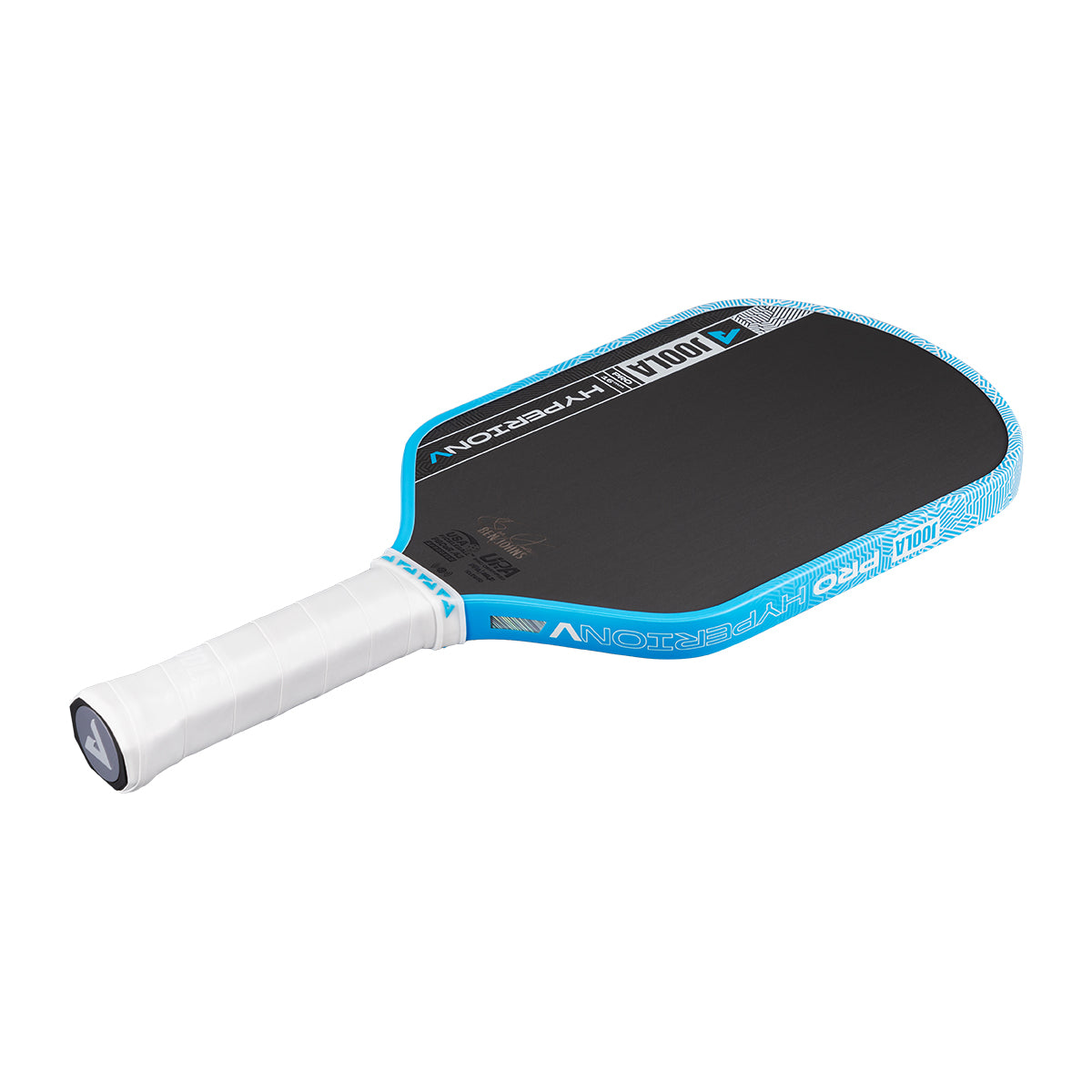White background, image of the JOOLA Hyperion Pro V pickleball paddle, white handle, blue and white edge guard and black surface.