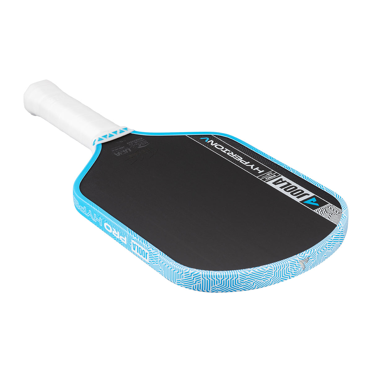 White background, image of the JOOLA Hyperion Pro V pickleball paddle, white handle, blue and white edge guard and black surface.