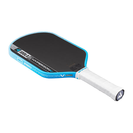 White background, image of the JOOLA Hyperion Pro V pickleball paddle, white handle, blue and white edge guard and black surface.