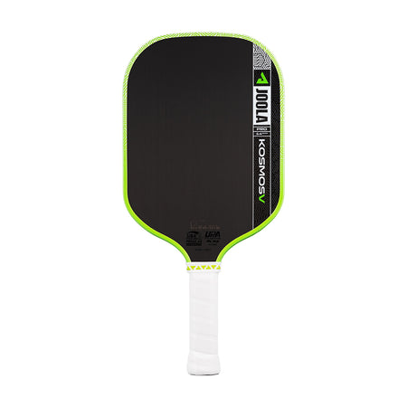 White background, product image of the JOOLA Kosmos Pro V pickleball paddle with white handle and green edge guard.