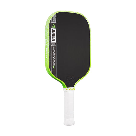 White background, product image of the JOOLA Kosmos Pro V pickleball paddle with white handle and green edge guard.