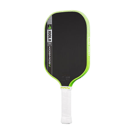 White background, product image of the JOOLA Kosmos Pro V pickleball paddle with white handle and green edge guard.