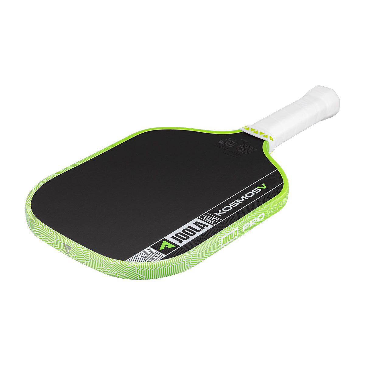 White background, product image of the JOOLA Kosmos Pro V pickleball paddle with white handle and green edge guard.