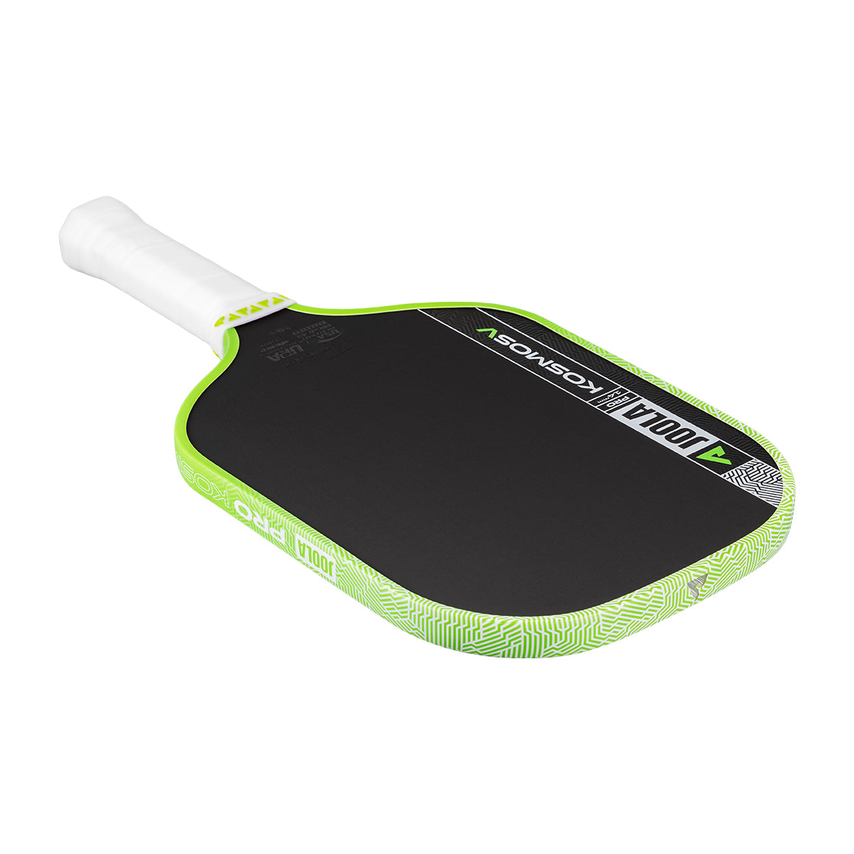 White background, product image of the JOOLA Kosmos Pro V pickleball paddle with white handle and green edge guard.