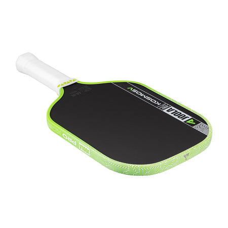White background, product image of the JOOLA Kosmos Pro V pickleball paddle with white handle and green edge guard.