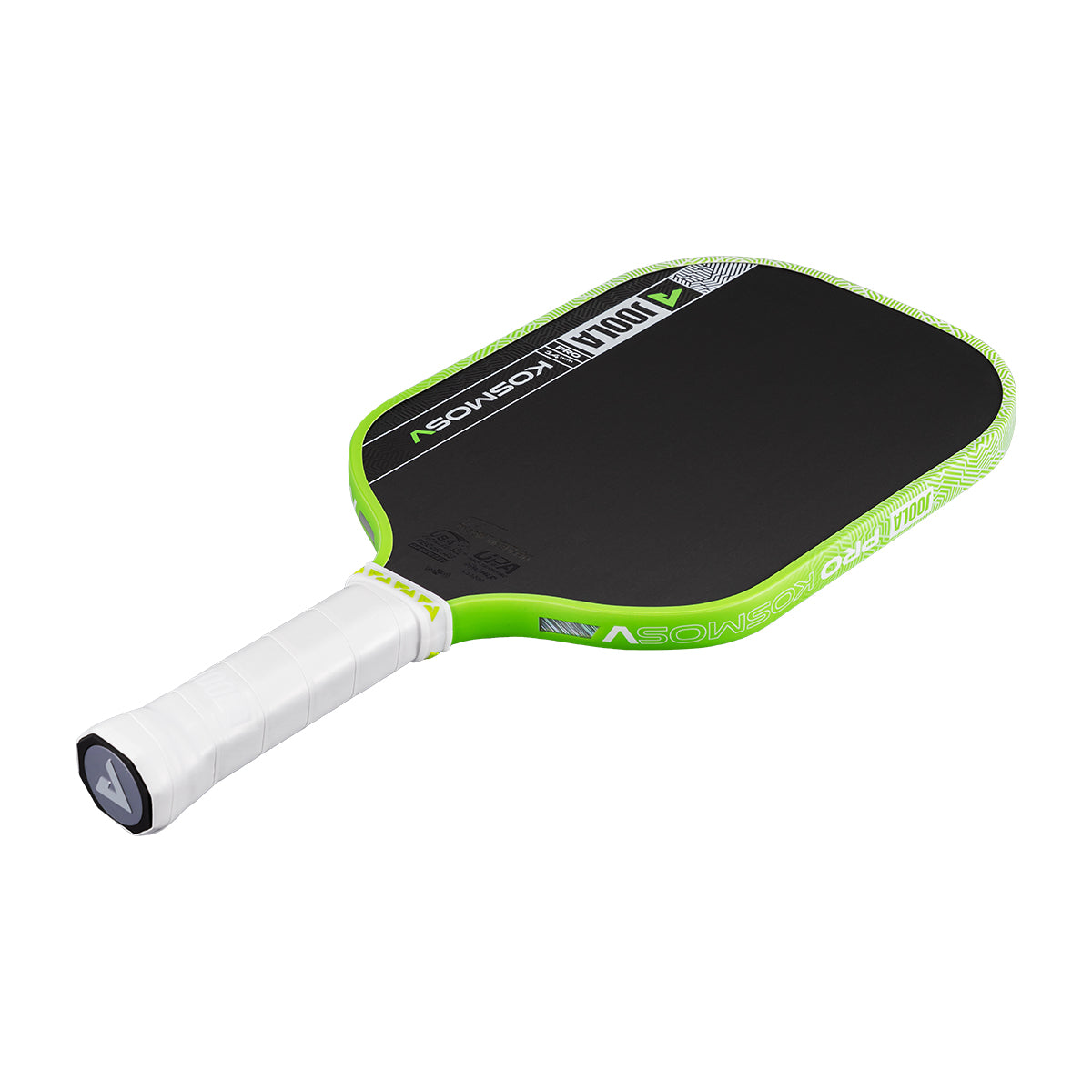 White background, product image of the JOOLA Kosmos Pro V pickleball paddle with white handle and green edge guard.