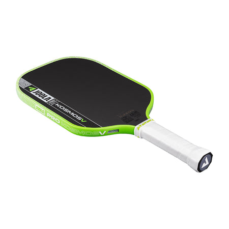 White background, product image of the JOOLA Kosmos Pro V pickleball paddle with white handle and green edge guard.