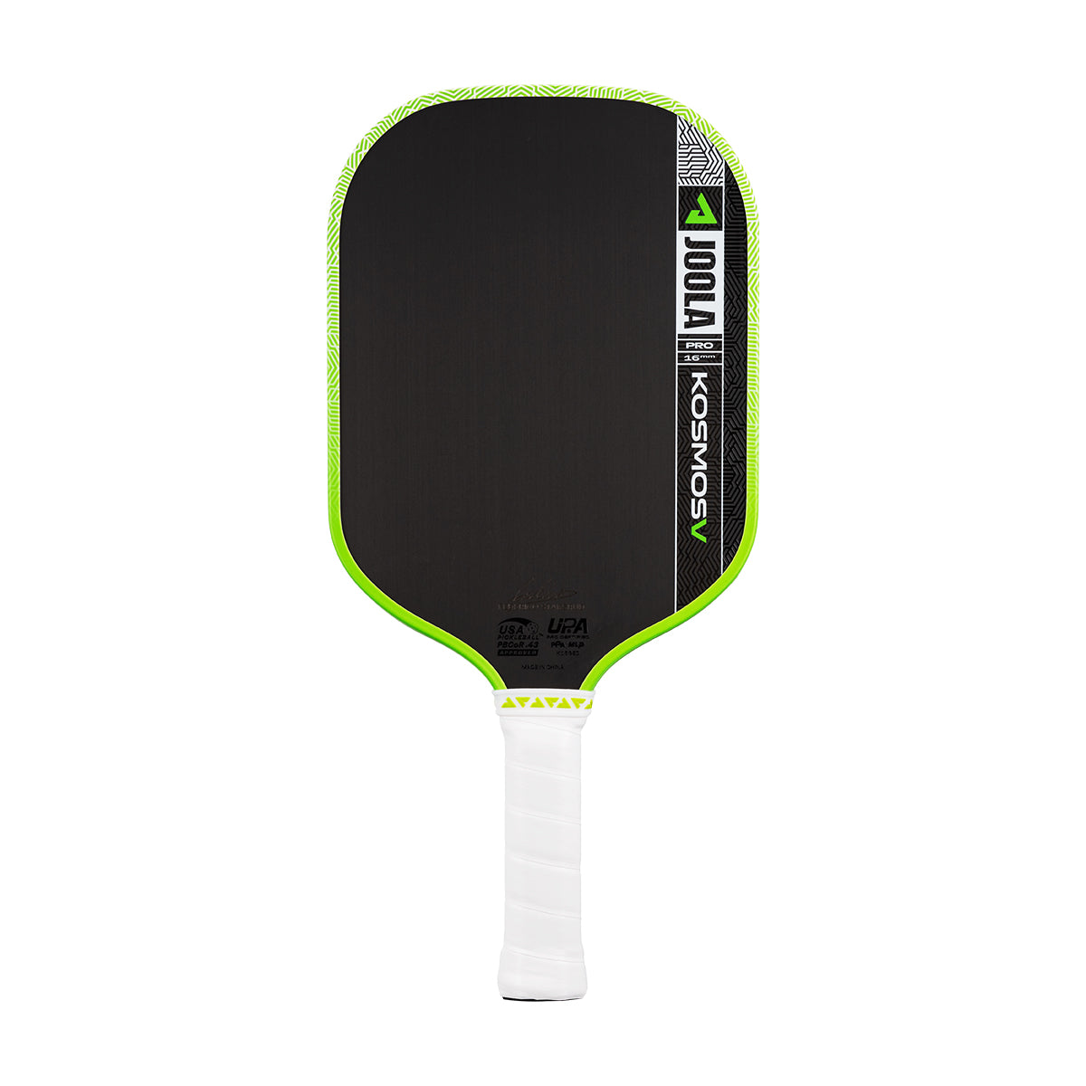 White background, product image of the JOOLA Kosmos Pro V pickleball paddle with white handle and green edge guard.