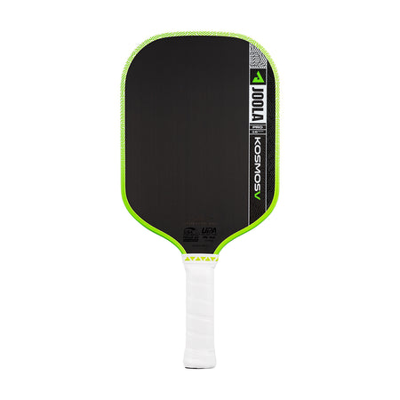 White background, product image of the JOOLA Kosmos Pro V pickleball paddle with white handle and green edge guard.