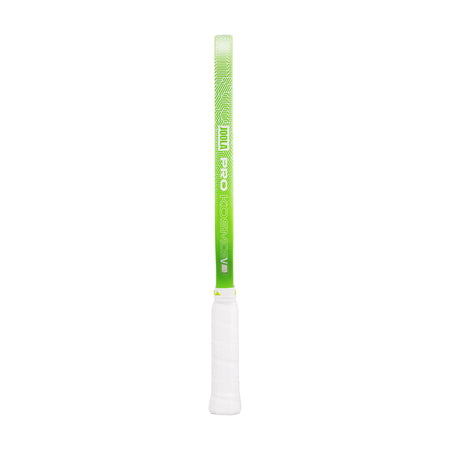 White background, product image of the JOOLA Kosmos Pickleball paddle with white handle and green edge guard.