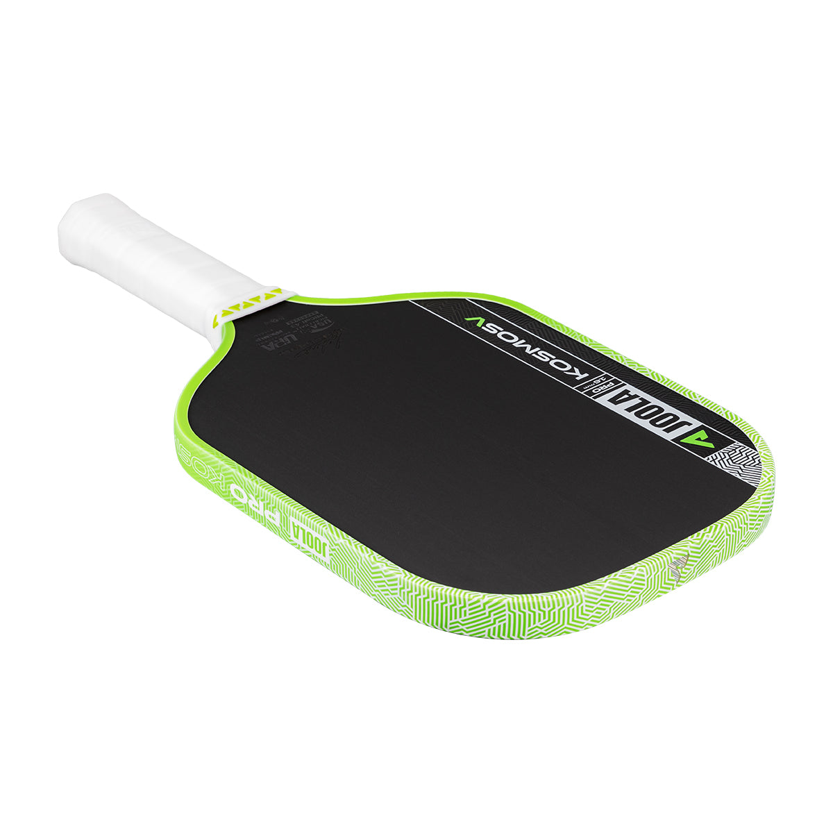 White background, product image of the JOOLA Kosmos Pro V pickleball paddle with white handle and green edge guard.