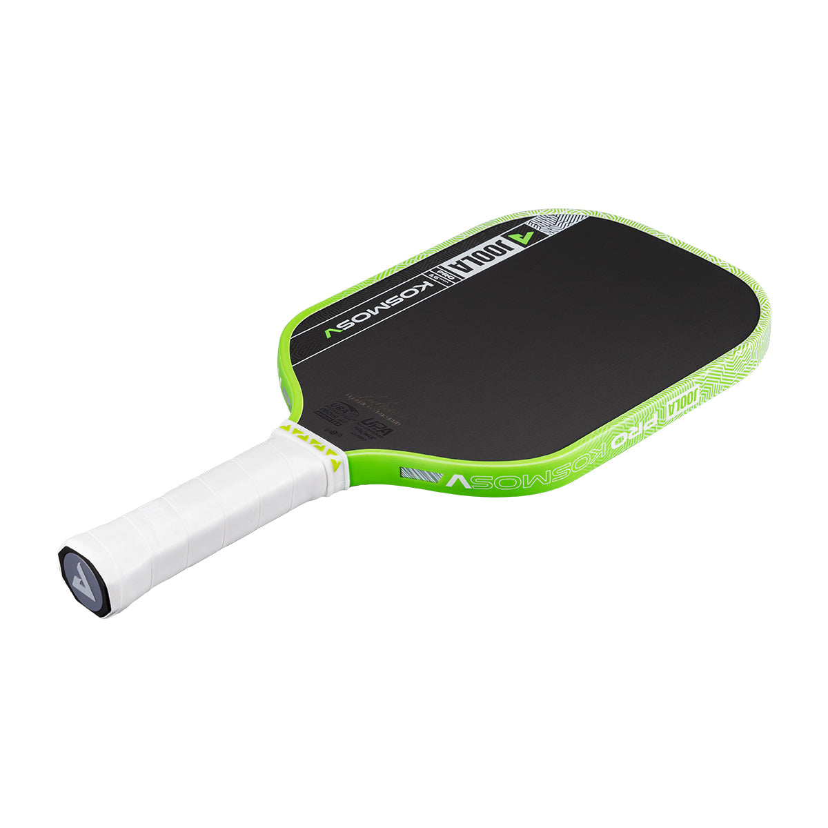 White background, product image of the JOOLA Kosmos Pro V pickleball paddle with white handle and green edge guard.