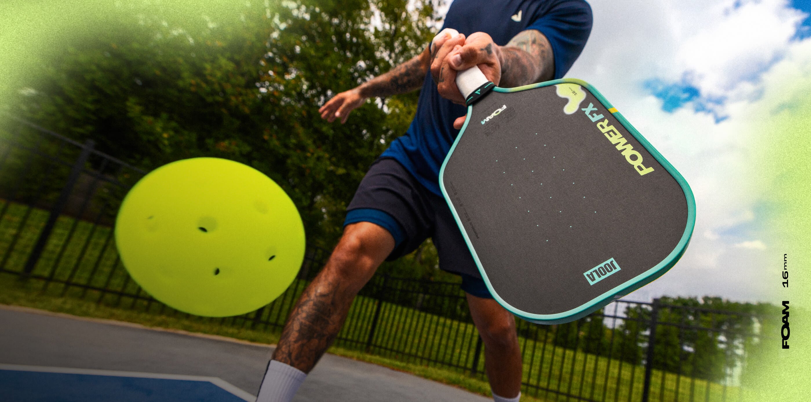 JOOLA Power FX Hero Image showing a man about to make contact with a pickleball at an outdoor court with the JOOLA Power FX Pickleball Paddle.