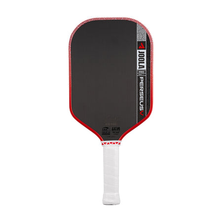 White background, product image of the JOOLA Perseus Pro V with a red edge guard and a white handle.
