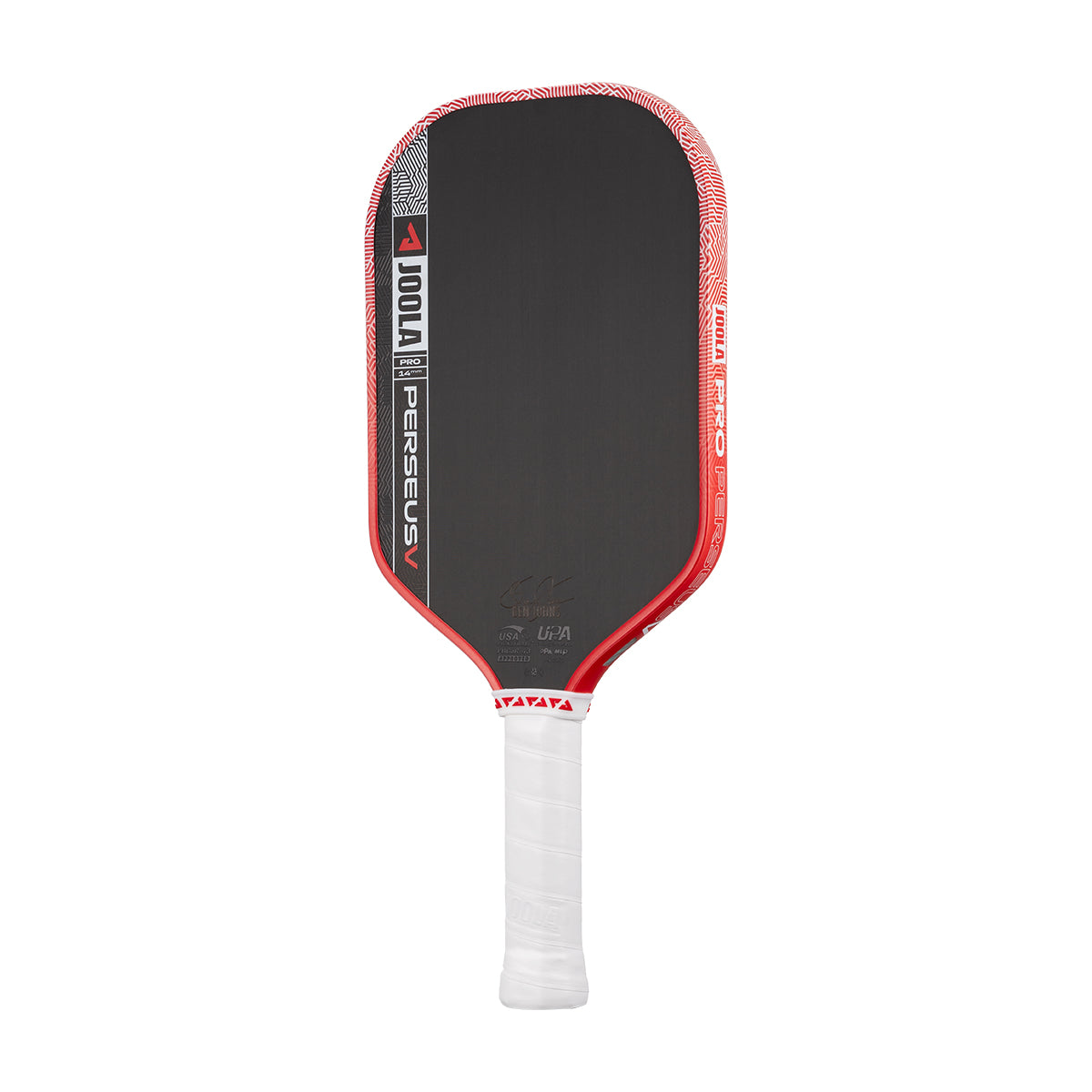 White background, product image of the JOOLA Perseus Pro V pickleball paddle with red edge guard and a white handle.