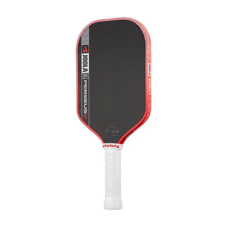 White background, product image of the JOOLA Perseus Pro V pickleball paddle with red edge guard and a white handle.