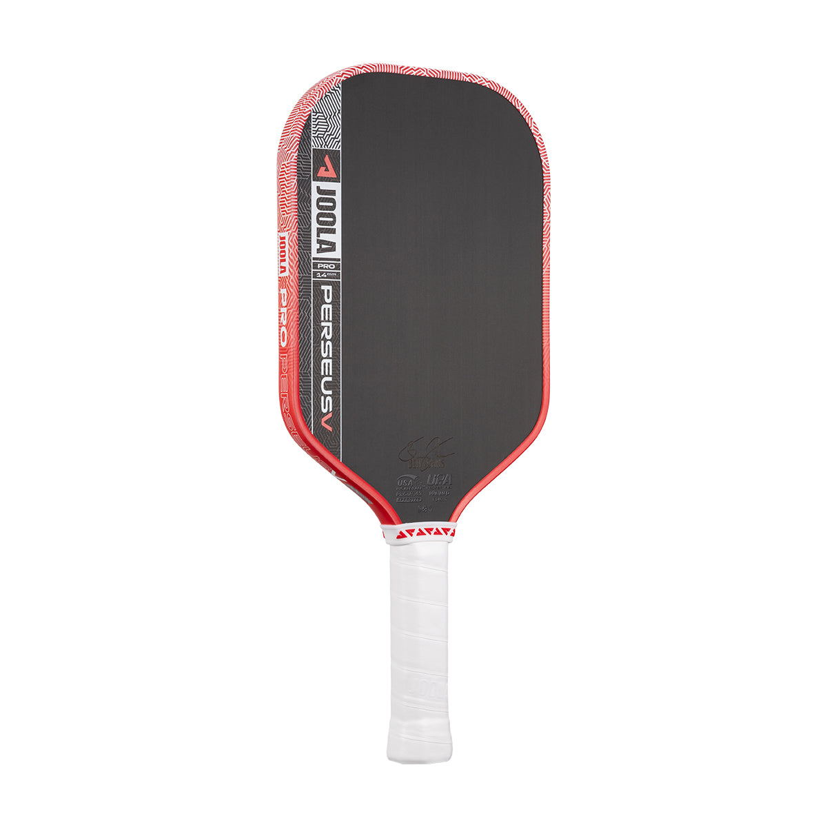 White background, product image of the JOOLA Perseus Pro V pickleball paddle with red edge guard and a white handle.