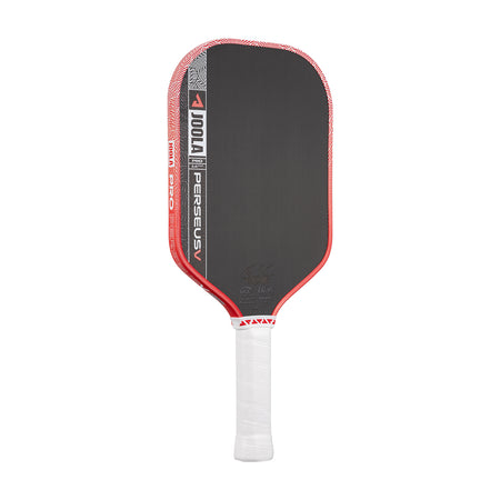 White background, product image of the JOOLA Perseus Pro V pickleball paddle with red edge guard and a white handle.