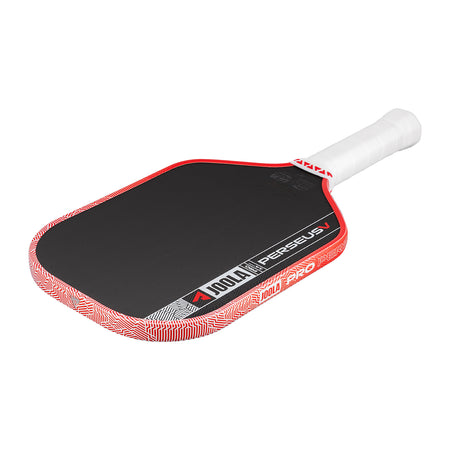 White background, product image of the JOOLA Perseus Pro V pickleball paddle with red edge guard and a white handle.