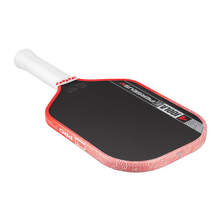 White background, product image of the JOOLA Perseus Pro V pickleball paddle with red edge guard and a white handle.