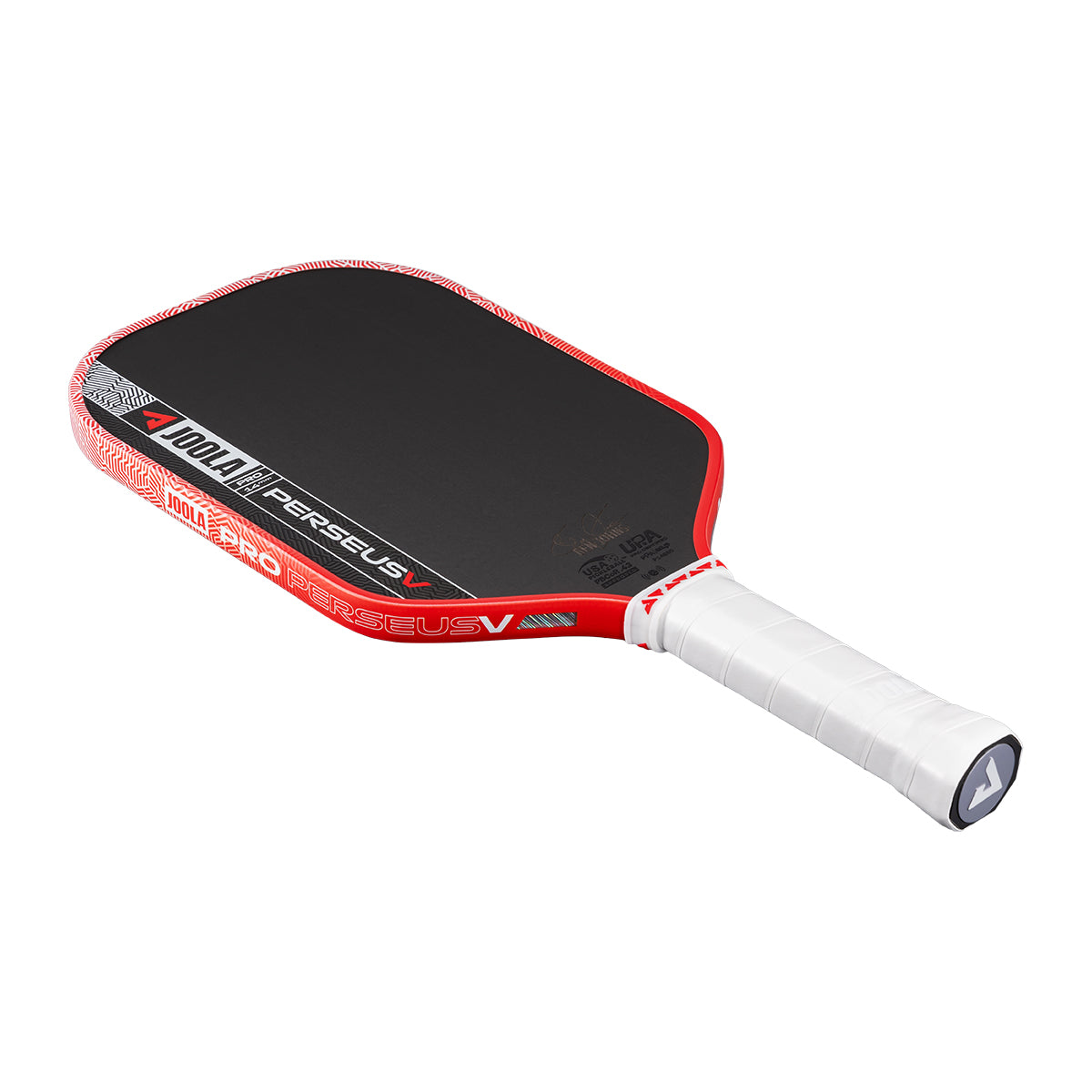 White background, product image of the JOOLA Perseus Pro V pickleball paddle with red edge guard and a white handle.