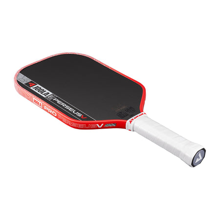 White background, product image of the JOOLA Perseus Pro V pickleball paddle with red edge guard and a white handle.