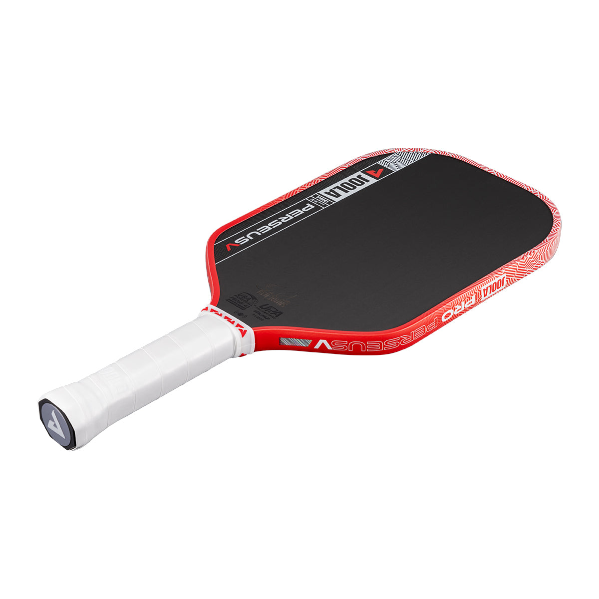 White background, product image of the JOOLA Perseus Pro V pickleball paddle with red edge guard and a white handle.