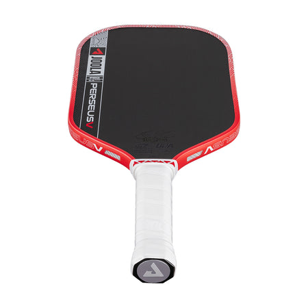 White background, product image of the JOOLA Perseus Pro V pickleball paddle with red edge guard and a white handle.