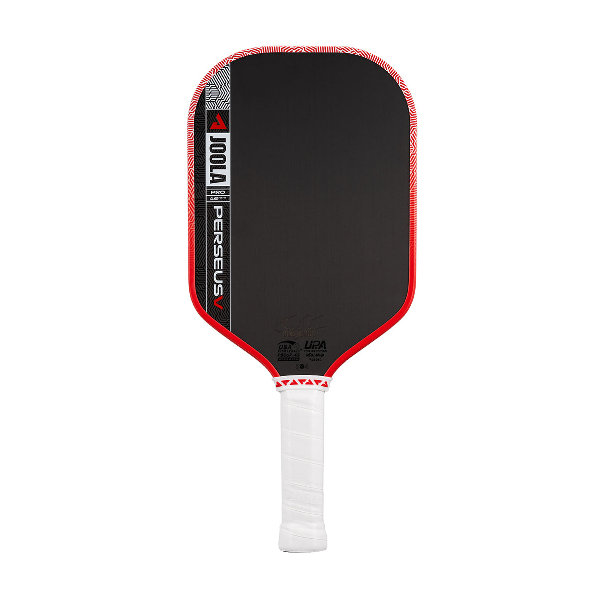 White background, product image of the JOOLA Perseus Pro V pickleball paddle with red edge guard and a white handle.