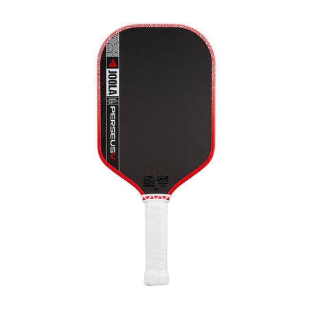 White background, product image of the JOOLA Perseus Pro V pickleball paddle with red edge guard and a white handle.