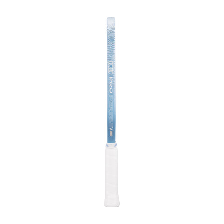 White background, product image of the Simone Jardim Perseus Pro V with blue edge guard and white handle.