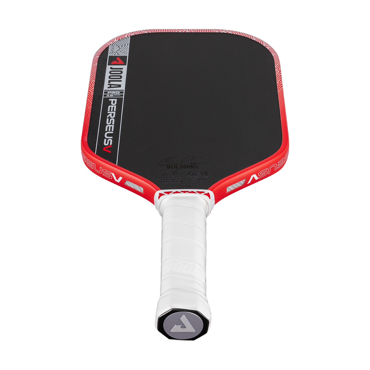 Red and black pickleball paddle with white handle on a white background