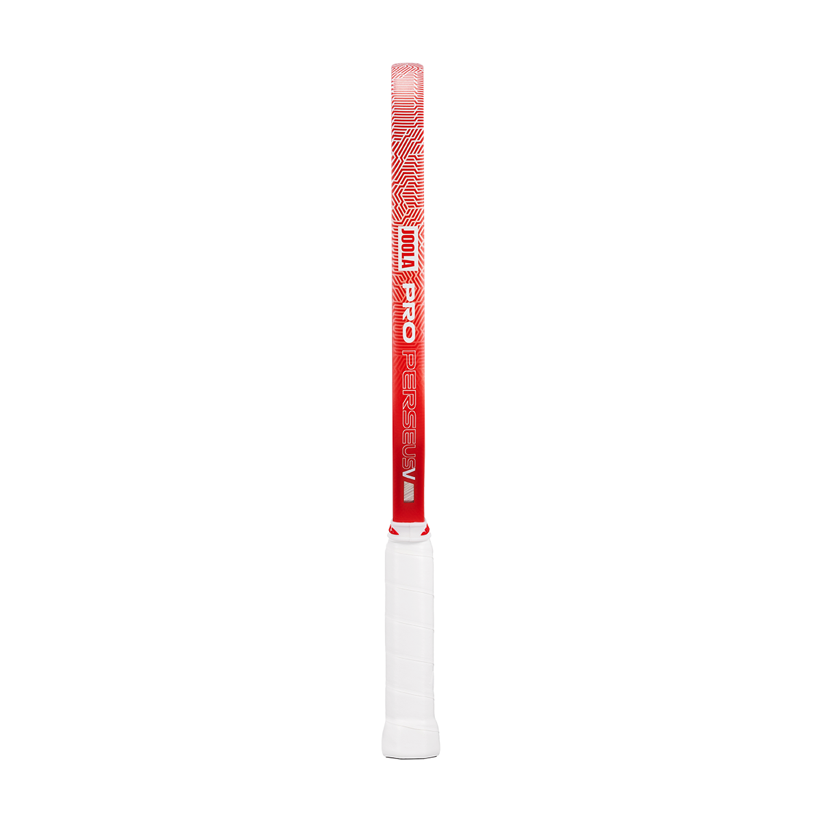 White background, product image of the JOOLA Perseus Pro V with a red edge guard and a white handle.