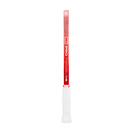 White background, product image of the JOOLA Perseus Pro V with a red edge guard and a white handle.