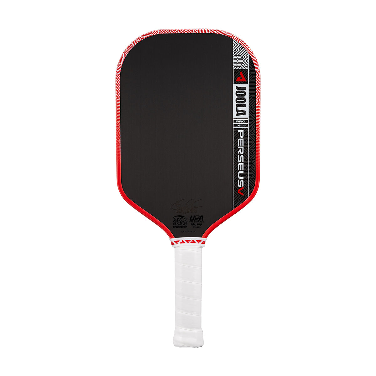 Pickleball paddle with black surface, red edges, and white handle on a white background