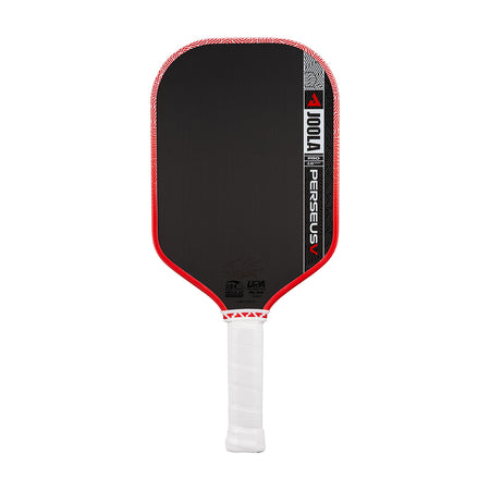 Pickleball paddle with black surface, red edges, and white handle on a white background