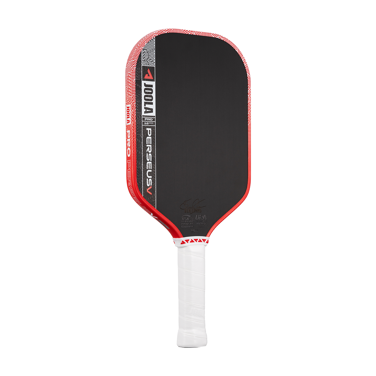 Pickleball paddle with red and black design on a white background